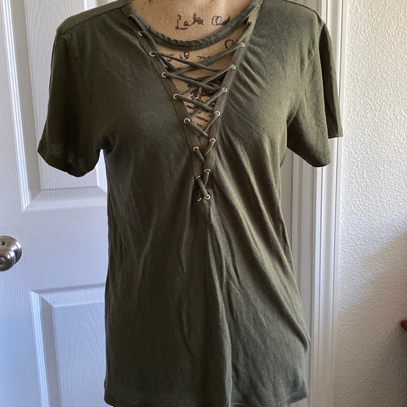 Express • olive lace up tee • small - Picture 2 of 8
